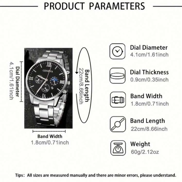4pcs Men\'s Set:Quartz Watch Silvery Cross Pendant Necklace, Ring & Bracelet